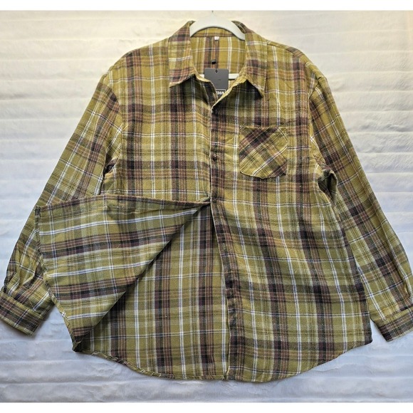 Womens Plaid Flannel Look Shirt Medium Olive Green Brown NEW Long Sleeve - Picture 3 of 7